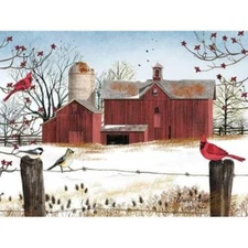 Billy Jacobs Winter Friends Cardninal Farm Barn Art Print-12 x 9