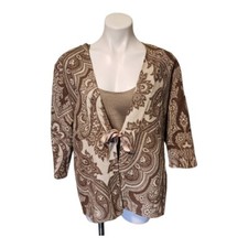 Cloz's NY Vintage Cotton Tan Paisley Floral Tie Front Women's Large Cardigan