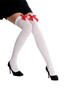 Strümpfe Damenstrümpfe Overknees Stockings Karneval weiß rote Schleife WZ-001RW