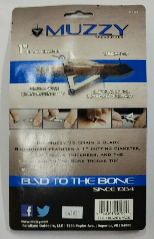 207 Muzzy Bowhunting Broadheads 3 Blades Trocar Tip, 75Grain, 6 Pack - Image 2 of 2