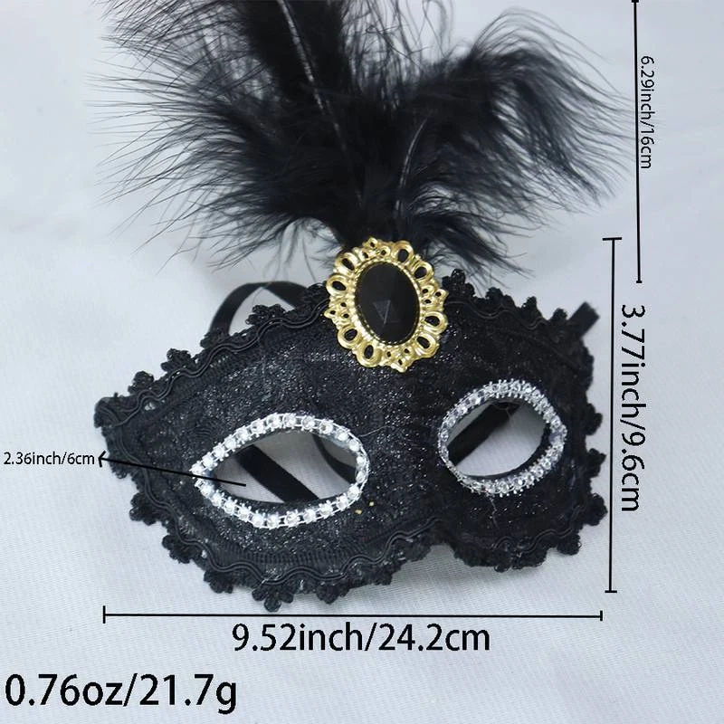 Black Masquerade Mask | With Crystal & Faux Feather Decor - Image 2 of 3