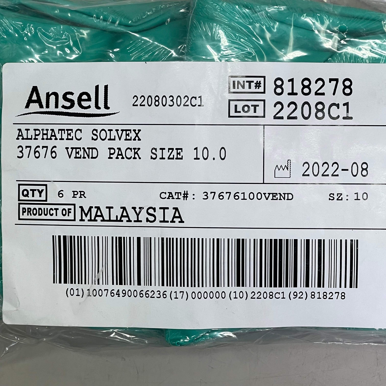 ANSELL (6-PACK) Alphatec Solvex Safety Gloves Size-10 Chemical-Resistant 37-676