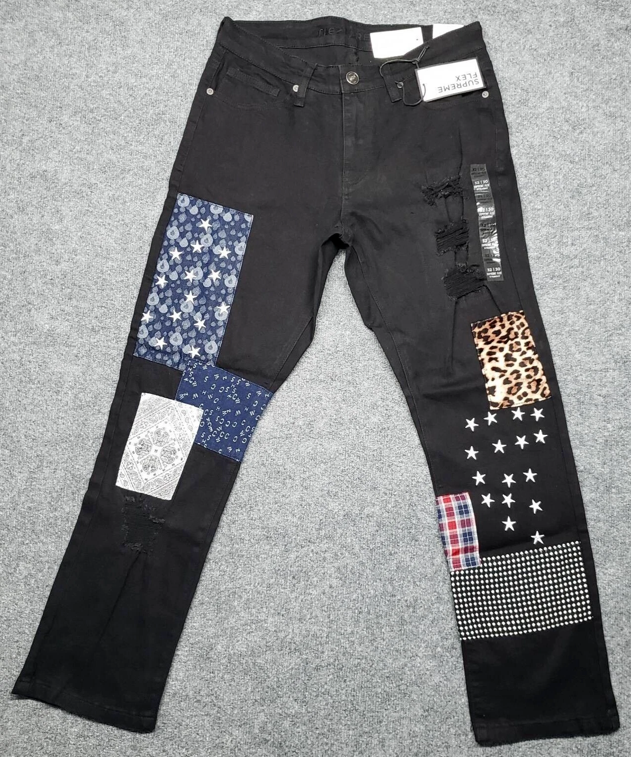 Jean homme Rue21 32X30 noir Supreme Flex droit effet vieilli patchs neuf