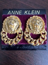 Vtg Anne Klein LION Earrings Door Knocker Hoop Chain Gold pierced Designer CARD