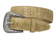 Mens Sand Ostrich Leg Print Leather Cowboy Belt Western Silver Buckle Cinto