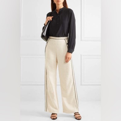 Maje Poppy Piped Cotton Boucle Wide Leg Pants in Ecru size 3/Large $340