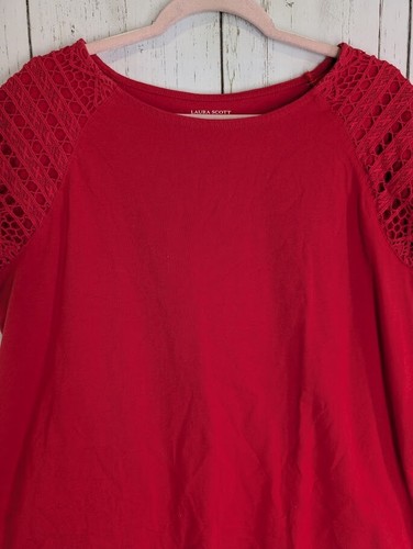 Laura Scott Size XL Red Short Sleeve Crochet Sleeve Casual Womens Top - Picture 3 of 7