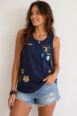 NWT Chaser Peace Out Distressed Patch Tank Top Navy Blue Size Medium