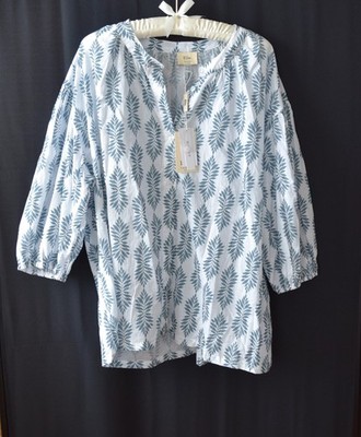 Ellie Tahari 2X Blue White Cotton Leaf  3/4 Sleeve Blouse Top NWT $68 Peasant