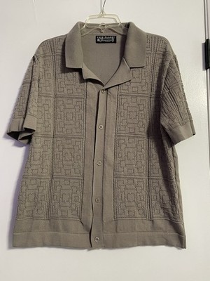 Free Planet Knit Button-Up Short Sleeve Shirt Beige Geometric Spread XL