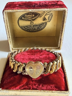#ad Antique Carmen Sweetheart Bracelet Original Box DF Briggs Co 1920s Gold Filled $199.00