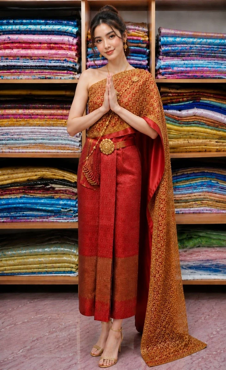 thai wedding dress Traditional This traditional Thai wedding dress comes in a light gold color with a full lace sabai Size S Home - EN