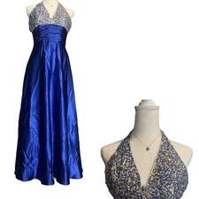 Royal Blue Y2K Beaded Halter Prom Gown Formal Evening Dress Size 6