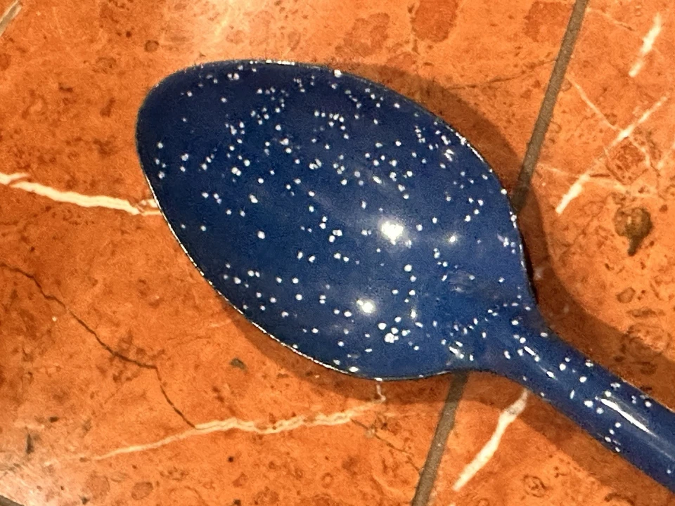 BLUE & WHITE SPECKLED GRANITE ENAMELWARE 11.5" L SERVING SPOON FARMHOUSE EUC - Image 3 of 4