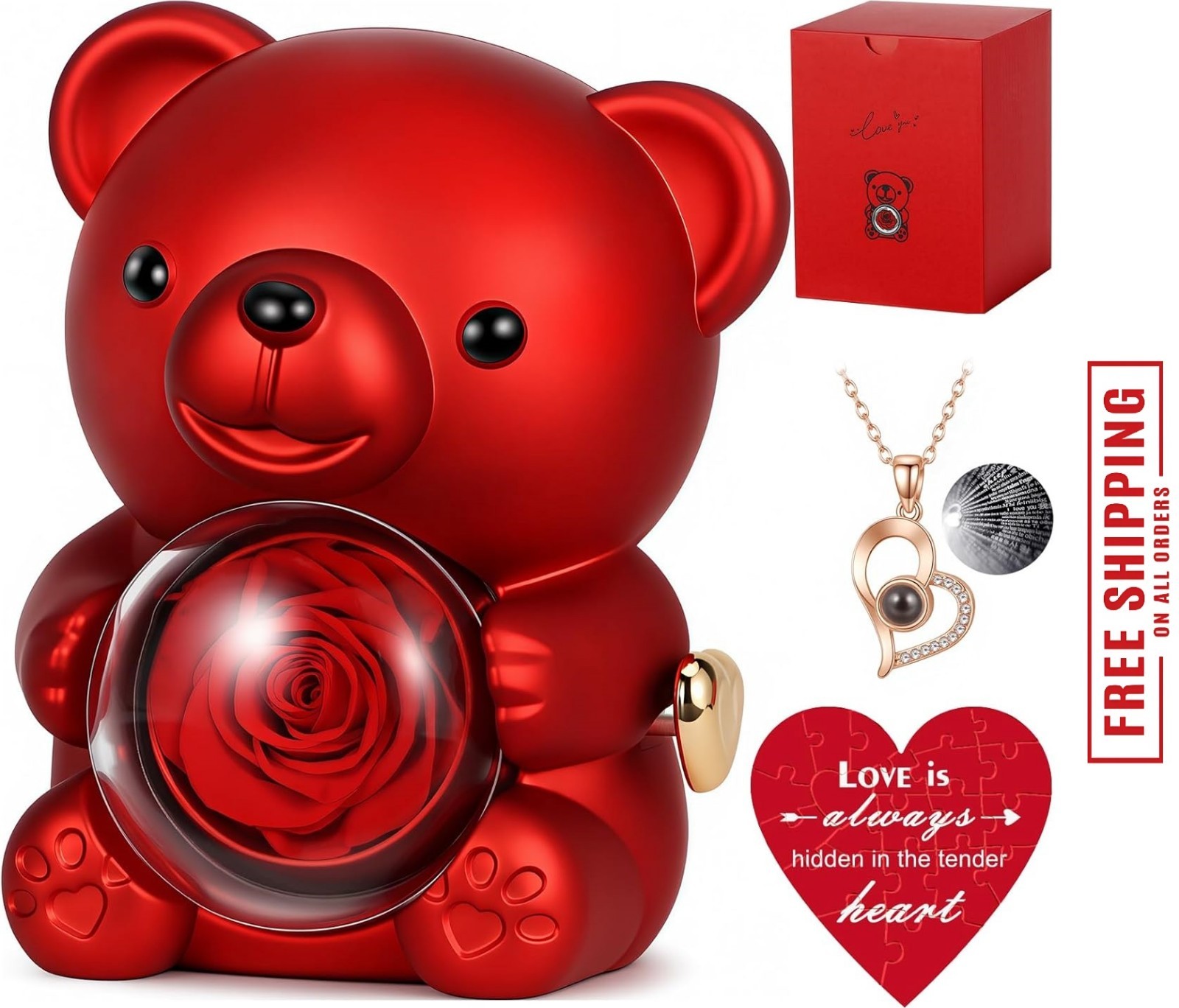 Valentines Day Gifts for Her, Teddy Bear with Preserved Real Rose and Necklace,