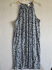 Michael Michael Kors Dress Womens Large Blue White Gold Chain Halter Ikat Shift