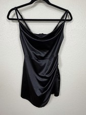 Almost Famous Black Satin Cowl Neck Mini Dress Womens M Ruched Bodycon Party