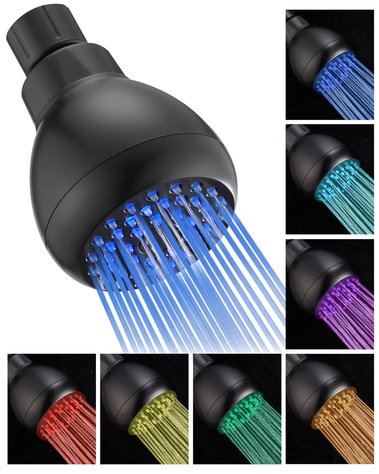 High Pressure LED Showerhead, High Flow, 7 Color Light, Matte Black - Easy