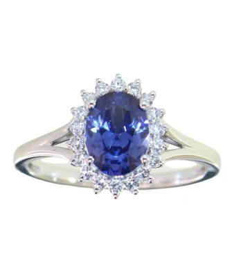 Ovaler Halo-Ring 1,25 TCW Tansanit und Diamant