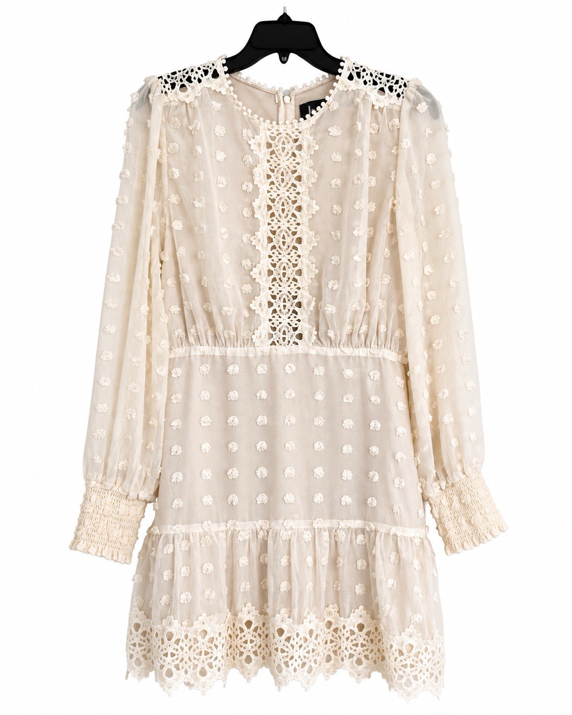 Lulus Cream Swiss Dot Lace Mini Dress Cottagecore Boho Long Sleeve MEDIUM