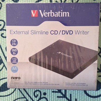 Verbatim External Slimline CD/DVD Writer USB 2.0 USB-Powered PC/Mac Black