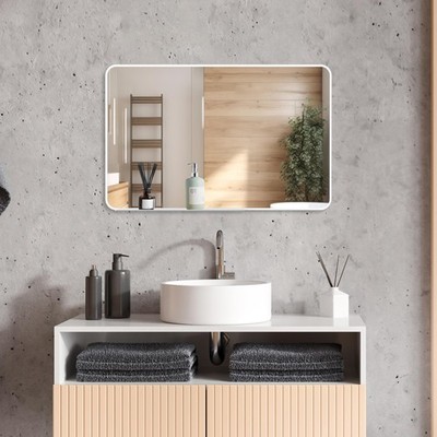 Bathroom Mirror with Shelf, 28 x 18 Inch White Metal Frame Wall Mirror with S...