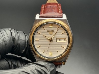 Seiko 5 Automatic Day/Date Silver Dial Silver Case Gold Bezel Brown Leather