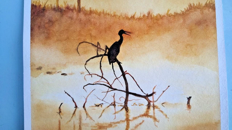 Otoño Cielo Acuarela Pintura Árboles con Puesta de Sol Naranja y Pájaro Solitario Arte A4 Foto 4 de 4