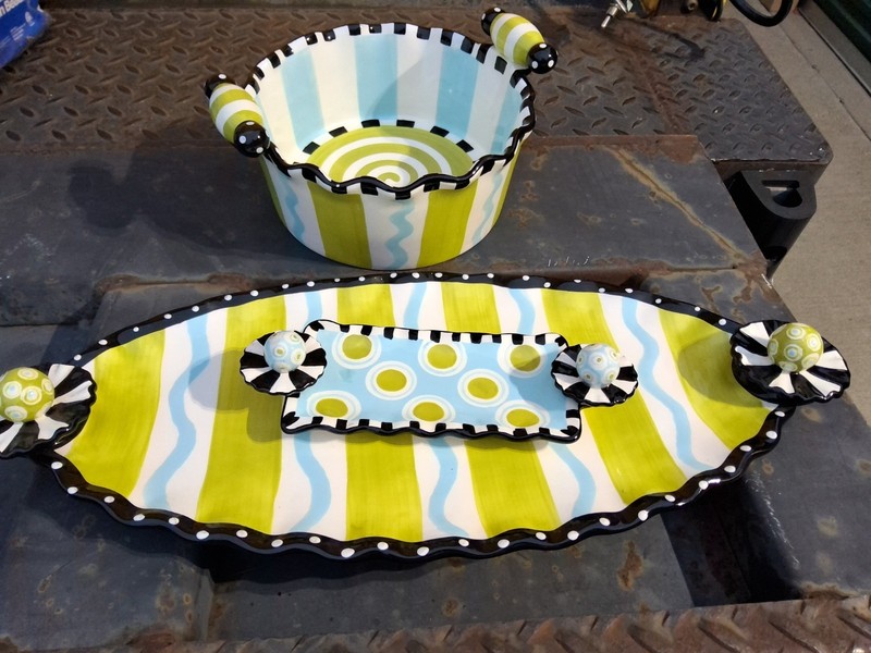 MacKenzie Childs Style Mudpie  Ceramic Dishes Baker, Tray ,butter Chartreuse 