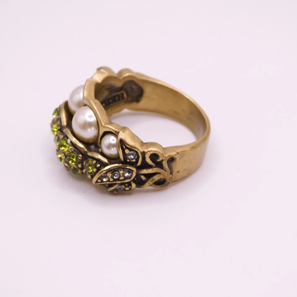 HEIDI DAUS Green Swarovski Pea Pod Rhinestone Sz 8.5 Bronze Statement Ring - Image 3 of 4