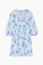 GANNI Shirred Floral-print Crepe de chine Mini Dress Light Blue MSRP $350 EU 32