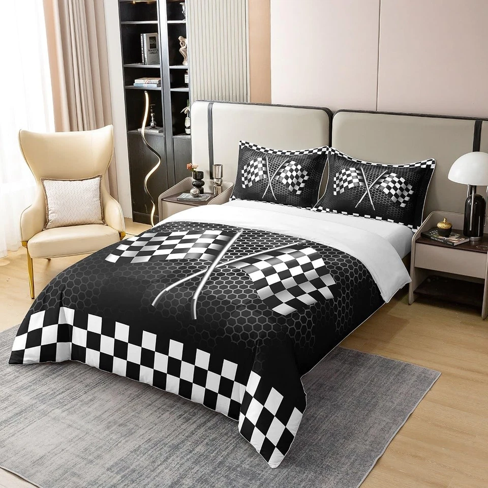 Juego de cama bandera a cuadros 100 % algodón negro blanco coche de carreras deportes extremos... Foto 3 de 4