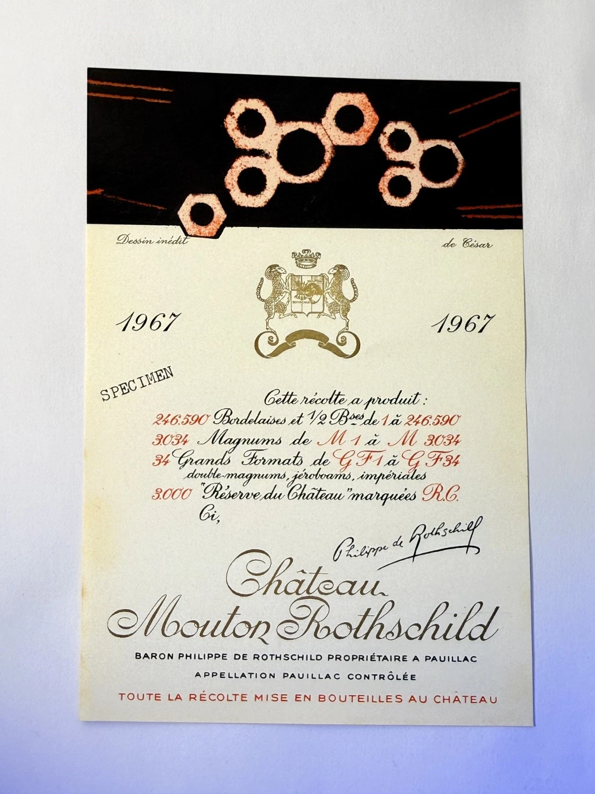 Étiquette De Vin Château Mouton Rotschild Spécimen 1967