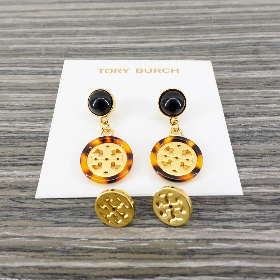 Tory Burch Tortoise Shell Logo Drop Earrings Gold OS - Image 4 of 4