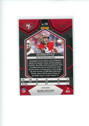 2024 Panini Mosaic George Kittle #194 No Huddle Purple Disco Prizm 28/50 - Imagen 2 de 2