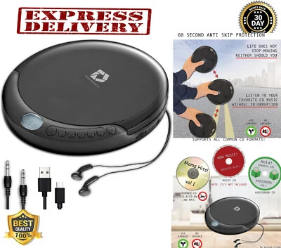 Portable CD Player Anti Skip Walkman Stereo Earbuds AUX AC USB Cable Home Car