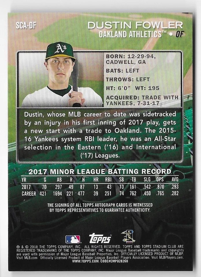 Dustin Fowler 2018 Topps Stadium Club Autograph Rookie #SCA-DF Athletics On-Card - Image 2 of 2