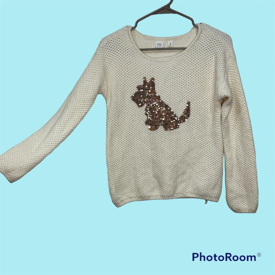 Suéter Gap Niñas XL (12) Marfil Perro Lentejuelas Cable Tejido Niños Top Informal Foto 2 de 4