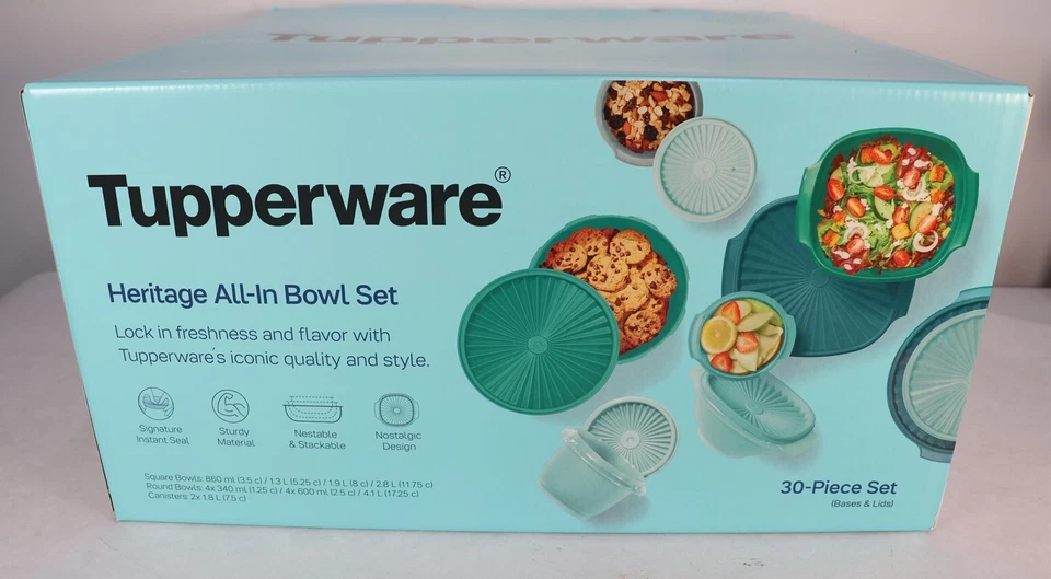 Tupperware Heritage Juego de cuencos todo en verde azulado Juego de 30 piezas (bases y tapas) Nuevo Foto 2 de 4