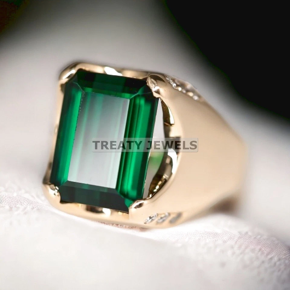 Esmeralda corte octágono con anillo chapado en oro de plata de ley 925 para hombre #566 Foto 2 de 4