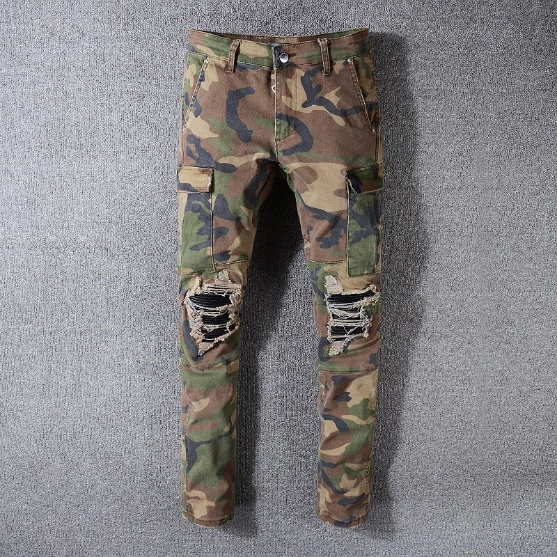 Men s Casual Stretch Skinny Frayed Army Pants Camouflage Ripped Jeans Trousers