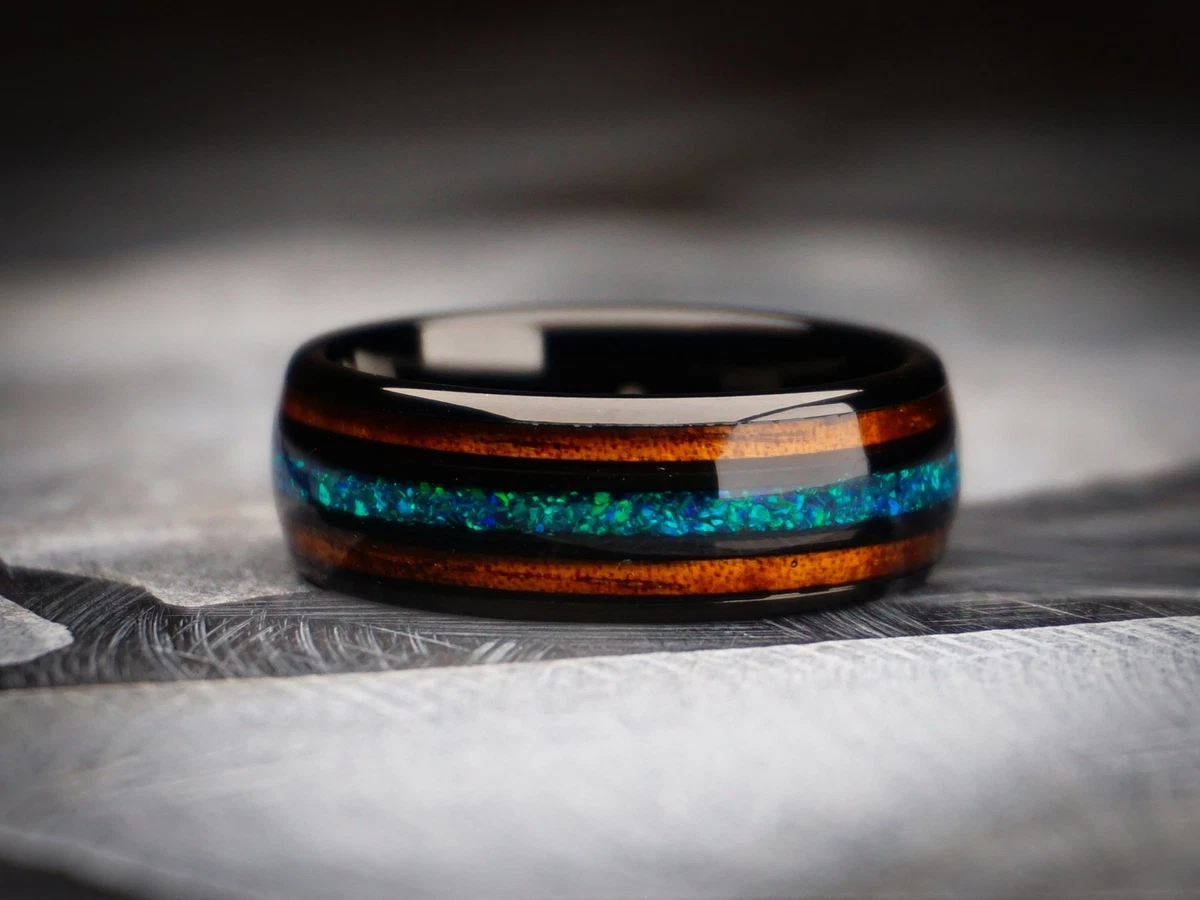 8mm Black Redwood Opal Ring Blue Green Lab Created Opal and