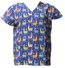 Womens Ultra Soft Touch Medical Scrub Tops Blue Base Colorful Llama L