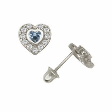 Blue Sapphire Halo CZ Heart Shape Child Stud Earrings Screw Back 14K White Gold