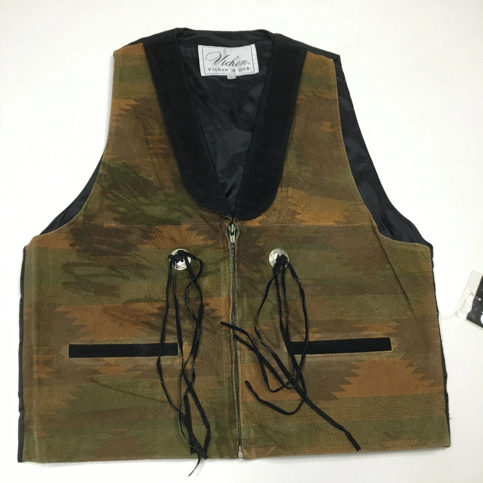 NWT VICHEN of USA Multicolor Genuine Suede Leather Western Zip Up Vest sz Large