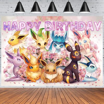 Eevee Aesthetic Evolutions Happy Birthday Backdrop Banner Party Supplies 5x3ft