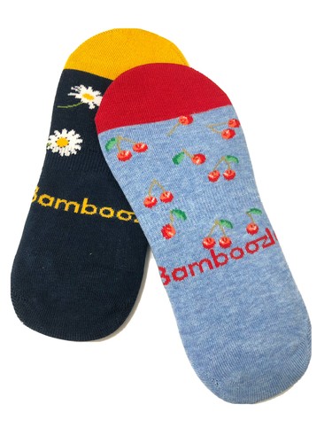Bamboozld WOMENS Cherry&Daisy 2 Packs BAMBOO SOCKS No-show Heel Grip size 9-11 - Picture 2 of 2