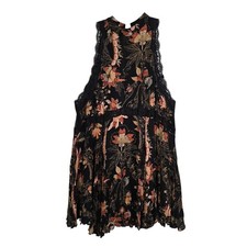 Free People M She Moves Mini Dress Black Floral Lace Trim Open Back Halter Boho