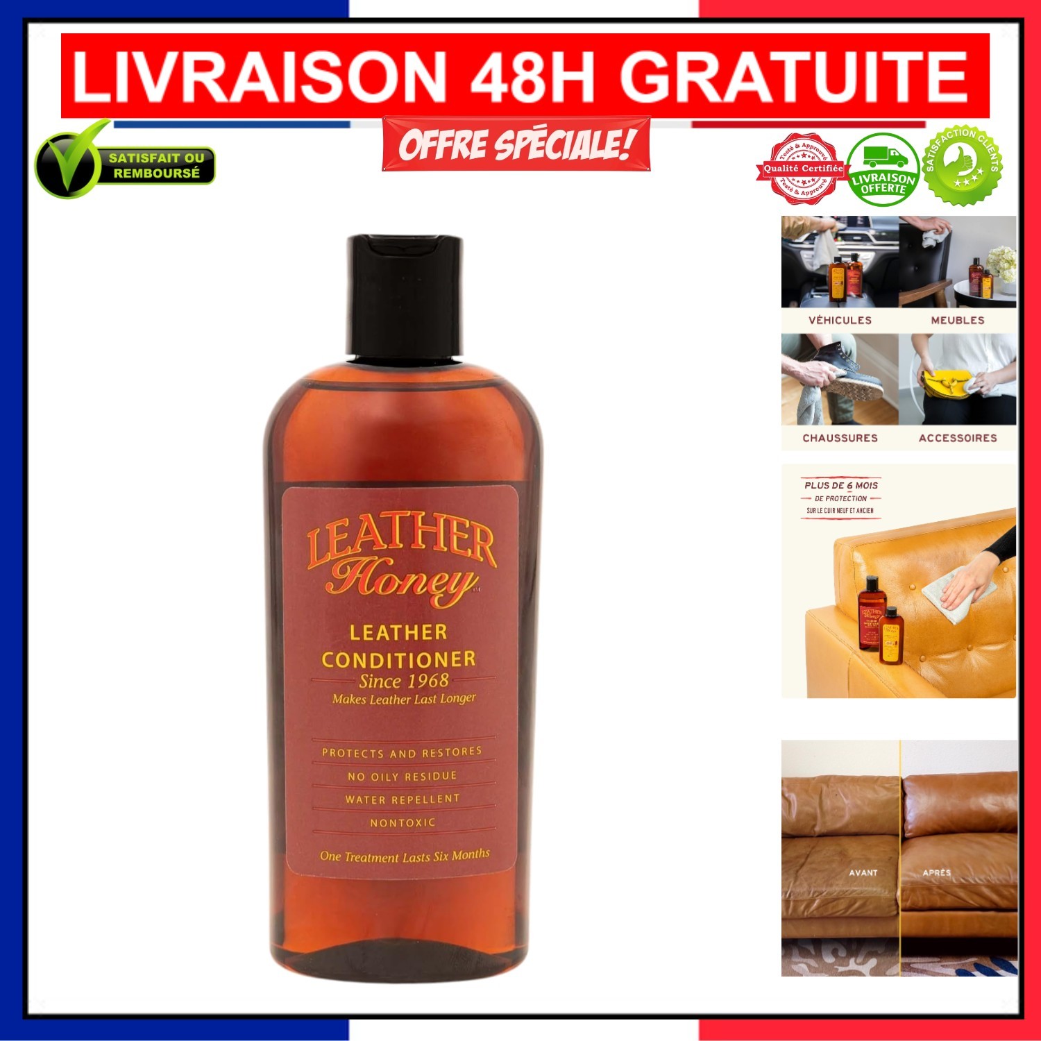 Conditionneur de cuir non toxique 237ml avec formule nettoyante naturelle pour fauteuil