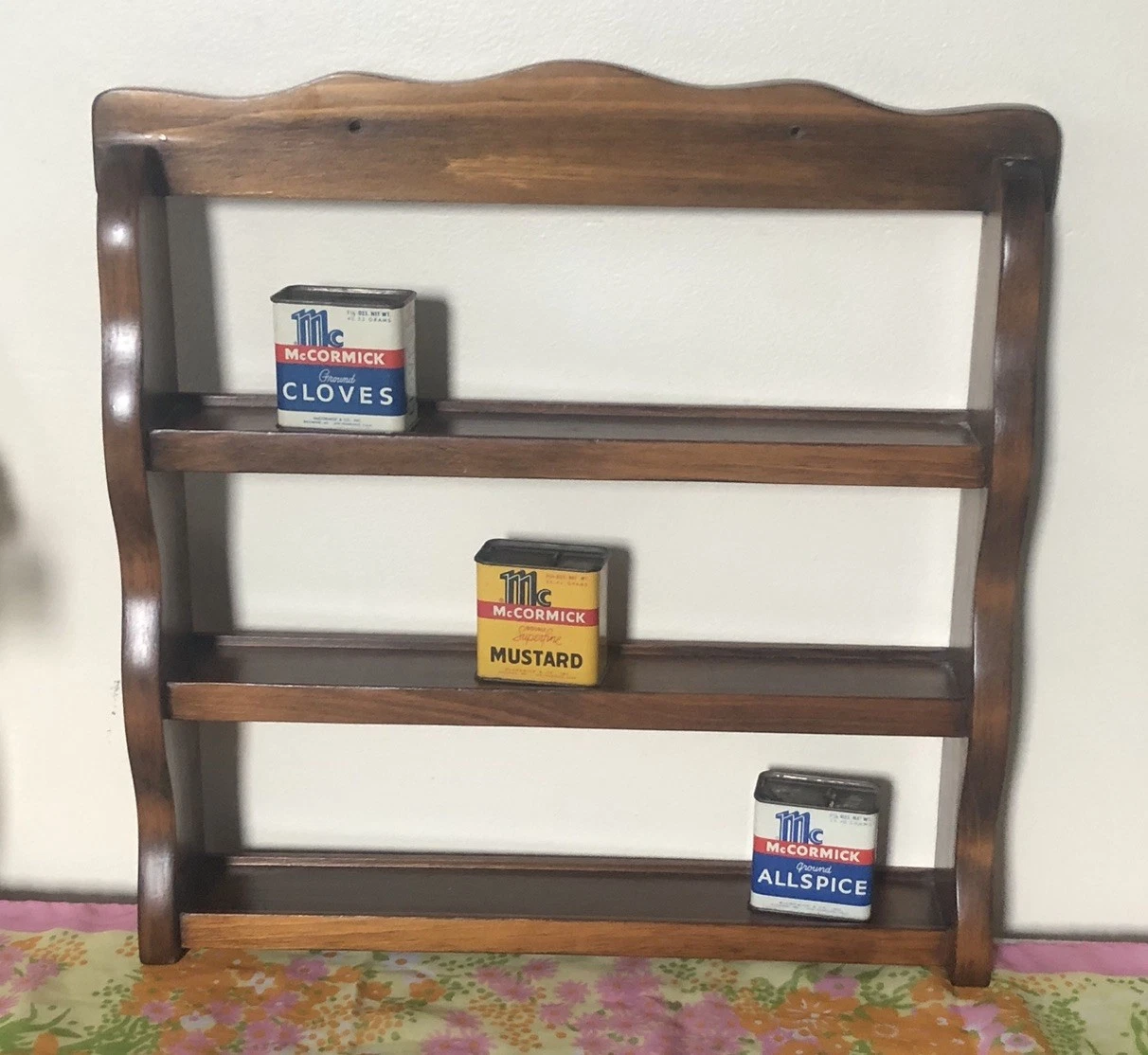 Vtg Handmade 16x16 Dark Wood Spice Rack 3 Tier Wall Mount EUC MCM Retro Cottage